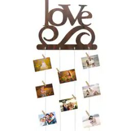Brown  Wooden Love  Photo Frame 8 - Picture Hanging Collage With Styling Board With -Rope & 8 Wooden Clips-21