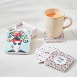 Set of 4 Graphic Print Melamine Coasters with Holder-42