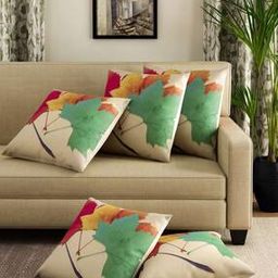 Polyester Jute Leaves Print Cushion Covers 16 inch x 16 inch Set of 5 - Multicolor-42