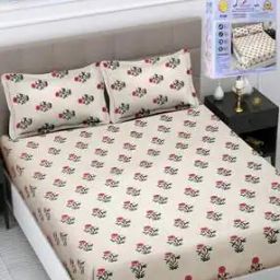 Multicolor Floral 300 TC Cotton Blend King Size Fitted Packing Double Bedsheet with 2 Pillow Covers-image-97
