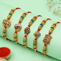 Men Set of 5 Gold Motifs Tie-Up Rakhis-image-78