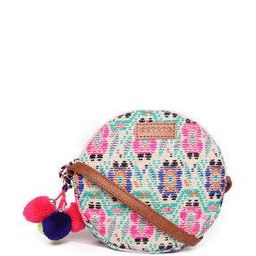 Woven Round Sling Bag with Pom Poms-image-1