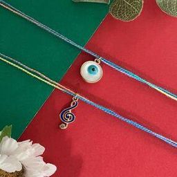 Set of 2 Gold-Plated Musical Note & Evil Eye Charm Thread Rakhi -image-6