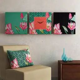 Set of 3 Floral Print Square Shape Wall Clock with Wall Art-7