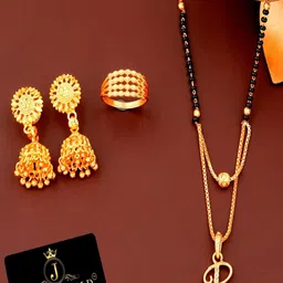 JEWEL WORLD Set Of 3 Gold-Plated Stone Studded & Beaded Mangalsutra With Ring-5