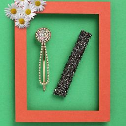 VOGUE PANASH Women Gold-Toned & Black Set of 2 Beaded Bobby Pins-8