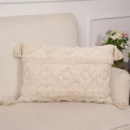 Art Avenue Cream-Coloured Self Design Cotton Rectangle Cushion Cover-image-98