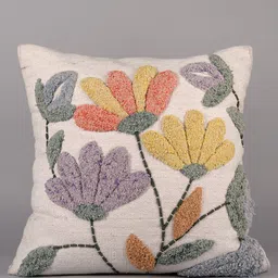 Art Avenue Cream-Coloured & Purple Floral Self Design Cotton Square Cushion Cover-image-85