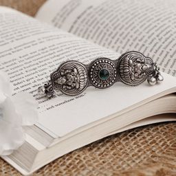 VENI Women Oxidized Silver-Plated & Green Stone-Studded Finger Ring-2