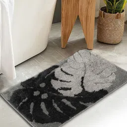 HOSTA HOMES Grey & Black Leaf Printed Water Absorbant Anti-Skid Cotton Fur Bath Rug-image-45
