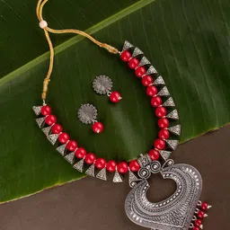Ozanoo Red & Silver Plated Loop Oxidised Necklace Set-picture-38