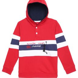 UNDER FOURTEEN ONLY Boys Red & White Typography Printed Hooded Cotton Sweatshirt-image-97