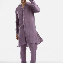 Komal Kothari Band Collar Linen Straight Kurta with Trousers-image-5