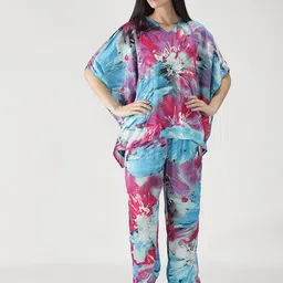 DUSK ATTIRE Women Blue & Pink Printed Kaftan Night suit-image-43
