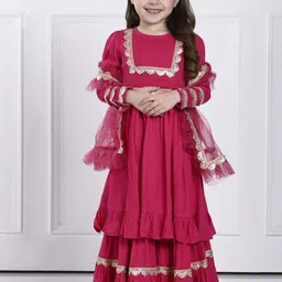 THE PONY & PEONY CO. Girls Floral Yoke Design Regular Gotta Patti Kurta with Sharara & With Dupatta-picture-54