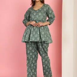 TAG 7 Floral Printed Cotton V-Neck Ethnic Peplum Top With Trousers-picture-32