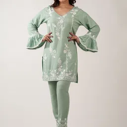NoLabels Embroidered Thread Work Bell Sleeves V-Neck Casual Tunic With Trousers-image-63