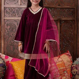 pspeaches Girls Regular Gotta Patti Velvet Kurta with Salwar & With Dupatta-image-12