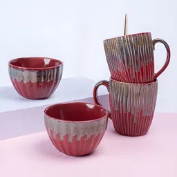 ARAVALII Red & Grey 4Pcs Textured Ceramic Dishwasher Safe Mugs And Bowls-6