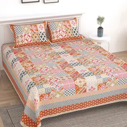 Sangria Orange & White Geometric Printed 210TC Cotton King Bedsheet With 2 Pillow Covers-image-98