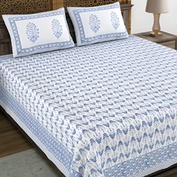 BLOCKS OF INDIA Blue & White Floral Cotton 180 TC King Bedsheet with 2 Pillow Covers-image-94