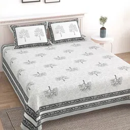 Sangria Grey & White Floral Printed 210TC Cotton King Bedsheet With Pillow Cover-image-88