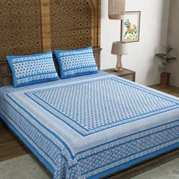 BLOCKS OF INDIA Blue & White Ethnic Motifs Printed 210 TC King Bedsheet & 2 Pillow Covers-image-92