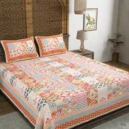 BLOCKS OF INDIA Orange & White Geometric 210 TC King Bedsheet with 2 Pillow Covers-image-54
