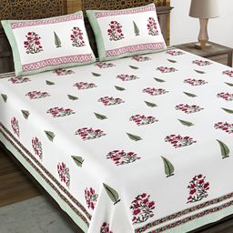 BLOCKS OF INDIA White & Green Ethnic Motifs Cotton 210 TC King Bedsheet & 2 Pillow Covers-image-8