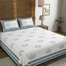 BLOCKS OF INDIA Blue & White Floral 210 TC King Bedsheet with 2 Pillow Covers-image-95