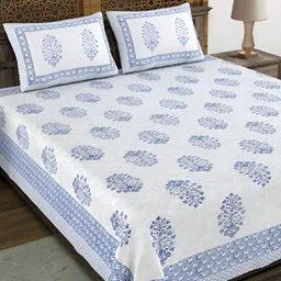BLOCKS OF INDIA White & Blue Floral Cotton180 TC King Bedsheet with 2 Pillow Covers-image-65