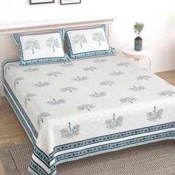 Sangria White & Blue Floral-Printed 210TC Cotton King Bedsheet With 2 Pillow Covers-image-61