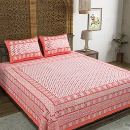 BLOCKS OF INDIA White & Peach-Coloured Printed 210 TC King Bedsheet & 2 Pillow Covers-image-41