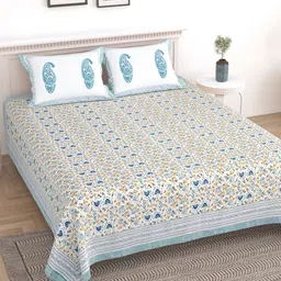 Sangria Blue & White Geometric Printed 210TC Cotton King Bedsheet With 2 Pillow Covers-picture-31