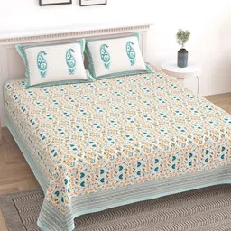 Sangria Turquoise Blue & White Printed 210TC Cotton King Bedsheet & 2 Pillow Covers-image-13