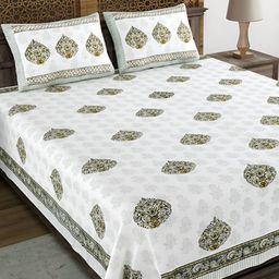 BLOCKS OF INDIA White & Grey Ethnic Motifs Cotton 210 TC King Bedsheet & 2 Pillow Covers-image-61