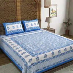 BLOCKS OF INDIA White & Blue Ethnic Motifs Printed 210 TC King Bedsheet & 2 Pillow Covers-image-87