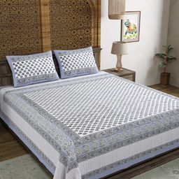 BLOCKS OF INDIA White & Grey Printed 210 TC Pure Cotton King Bedsheet & 2 Pillow Covers-24