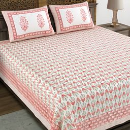BLOCKS OF INDIA White & Pink Floral Cotton 180 TC King Bedsheet with 2 Pillow Covers-image-32