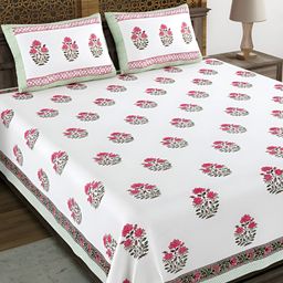 BLOCKS OF INDIA Green & White Ethnic Motifs Cotton 210 TC King Bedsheet &  2 Pillow Covers-image-46