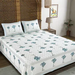 Sangria Grey & Blue Floral 180 TC Pure Cotton Super King Bedsheet & 2 Pillow Covers-image-87