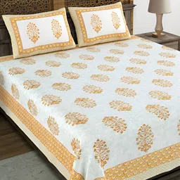 BLOCKS OF INDIA Brown & White Floral Cotton180 TC King Bedsheet with 2 Pillow Covers-image-99