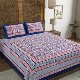 BLOCKS OF INDIA Blue & Red Ethnic Motifs Printed 210 TC King Bedsheet & 2 Pillow Covers-11
