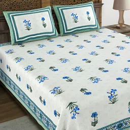 Sangria White & Blue Floral 180 TC Pure Cotton Double King Bedsheet & 2 Pillow Covers-picture-32