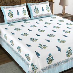 BLOCKS OF INDIA Blue & White Ethnic Motifs Cotton 210 TC King Bedsheet & 2 Pillow Covers-image-25