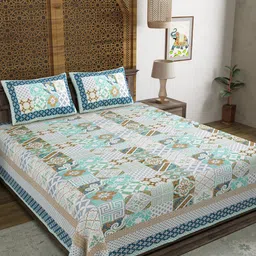 BLOCKS OF INDIA Blue & Green Ethnic Motifs 210 TC King Bedsheet with 2 Pillow Covers-image-28