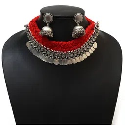 Ozanoo Oxidised Coin Thread Jewellery Set-picture-1
