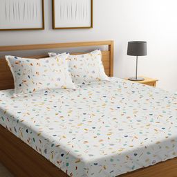 RAGO White & Blue Abstract Queen Bedsheet with 2 Pillow Covers-image-89