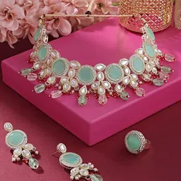 Zaveri Pearls Gold-Plated Stone-Studded & Cluster Choker Necklace & Earrings With Ring-12