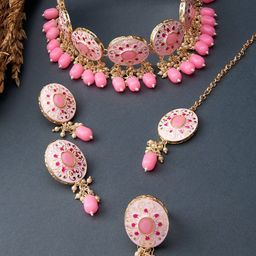 Zaveri Pearls Gold-Plated Pink Stone-Studded & Beaded Meenakari Jewellery Set-1